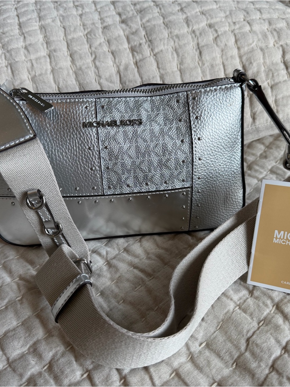 Michael Kors NWT Silver Metallic Patchwork Crossbody Bag 9.5x5.5